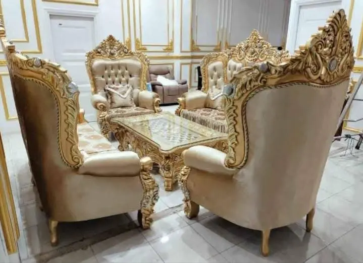 Meja Kursi Tamu Klasik Ukiran Kayu Jati Jepara Finishing Natural Mewah Lengkap Jok dan Bantal Peluk
