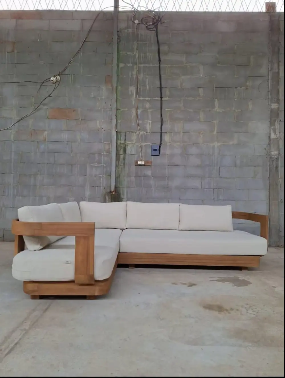 Sofa Sudut Minimalis L Kayu Jati Solid + Ottoman Puff – Sofa L Scandinavian Modern Ruang Tamu Premium