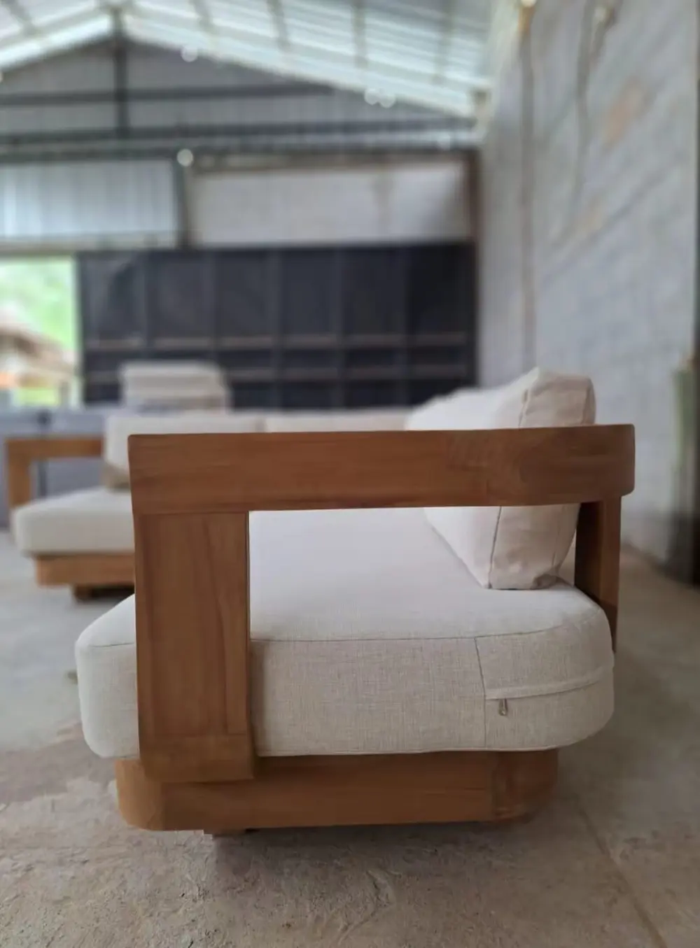 Sofa Sudut Minimalis L Kayu Jati Solid + Ottoman Puff – Sofa L Scandinavian Modern Ruang Tamu Premium