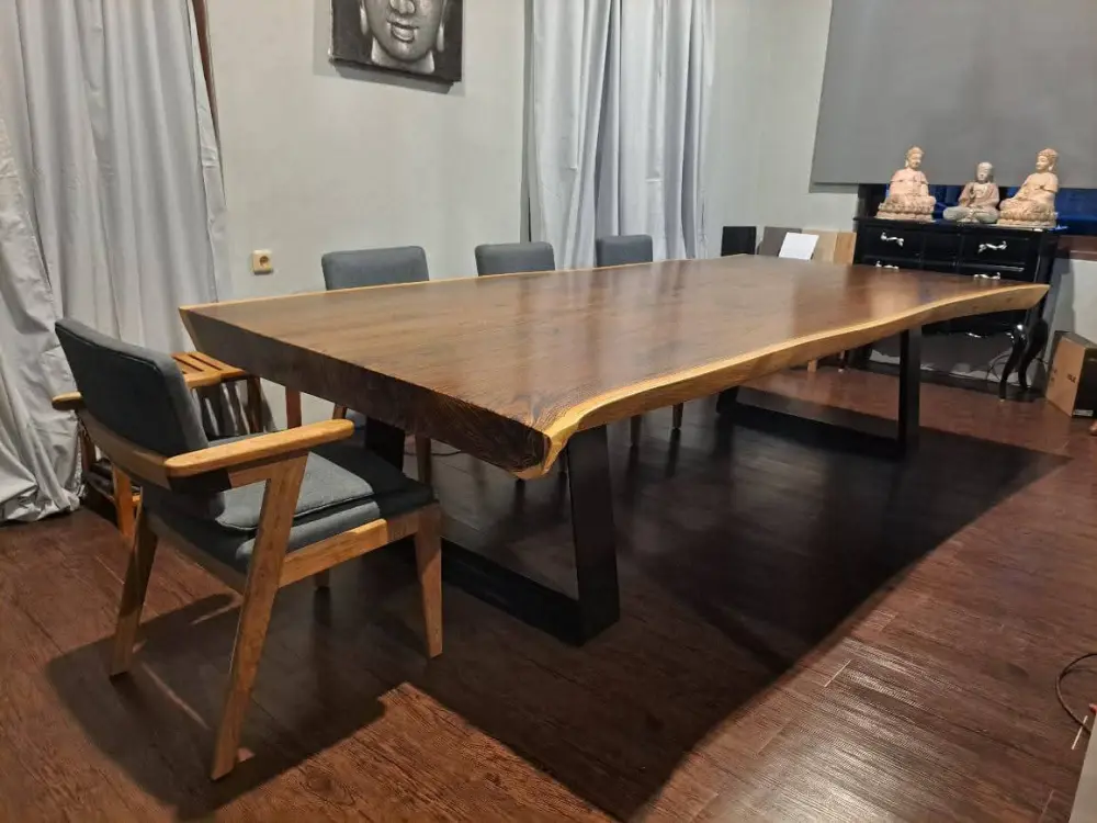 MEJA MAKAN / MEJA KONSUL KAYU TREMBESI SOLID 3 METER + 2 BANGKU – NATURAL MEWAH & SUPER KOKOH