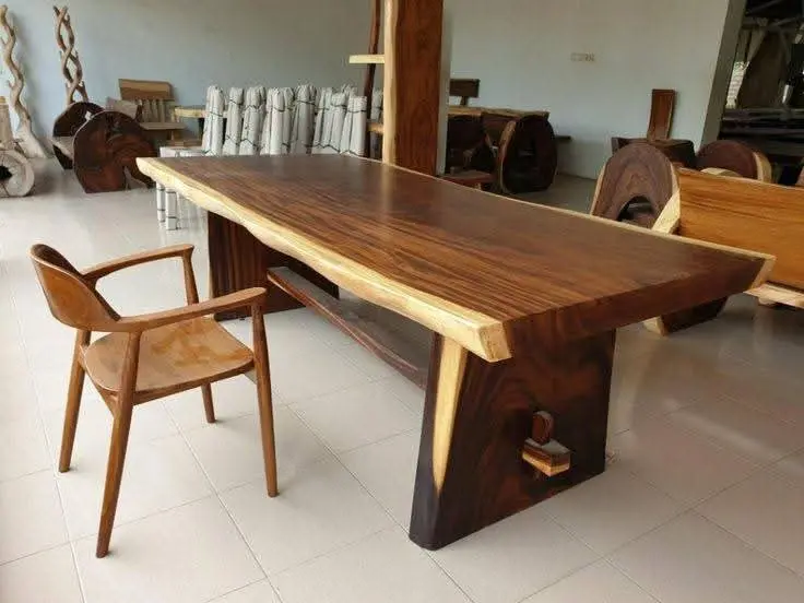 MEJA MAKAN / MEJA KONSUL KAYU TREMBESI SOLID 3 METER + 2 BANGKU – NATURAL MEWAH & SUPER KOKOH