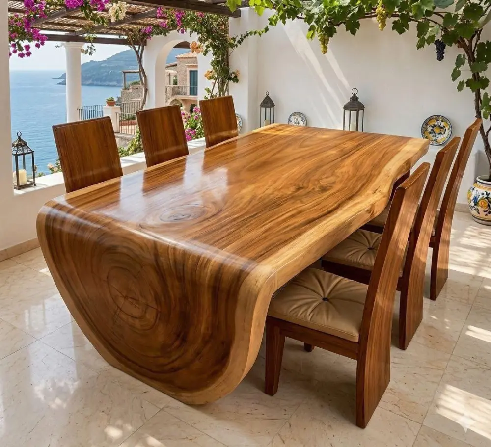 Top Meja Makan -  Meja Kafe Trembesi-  Meja Kayu Alami,- Meja Dining Table Panjang