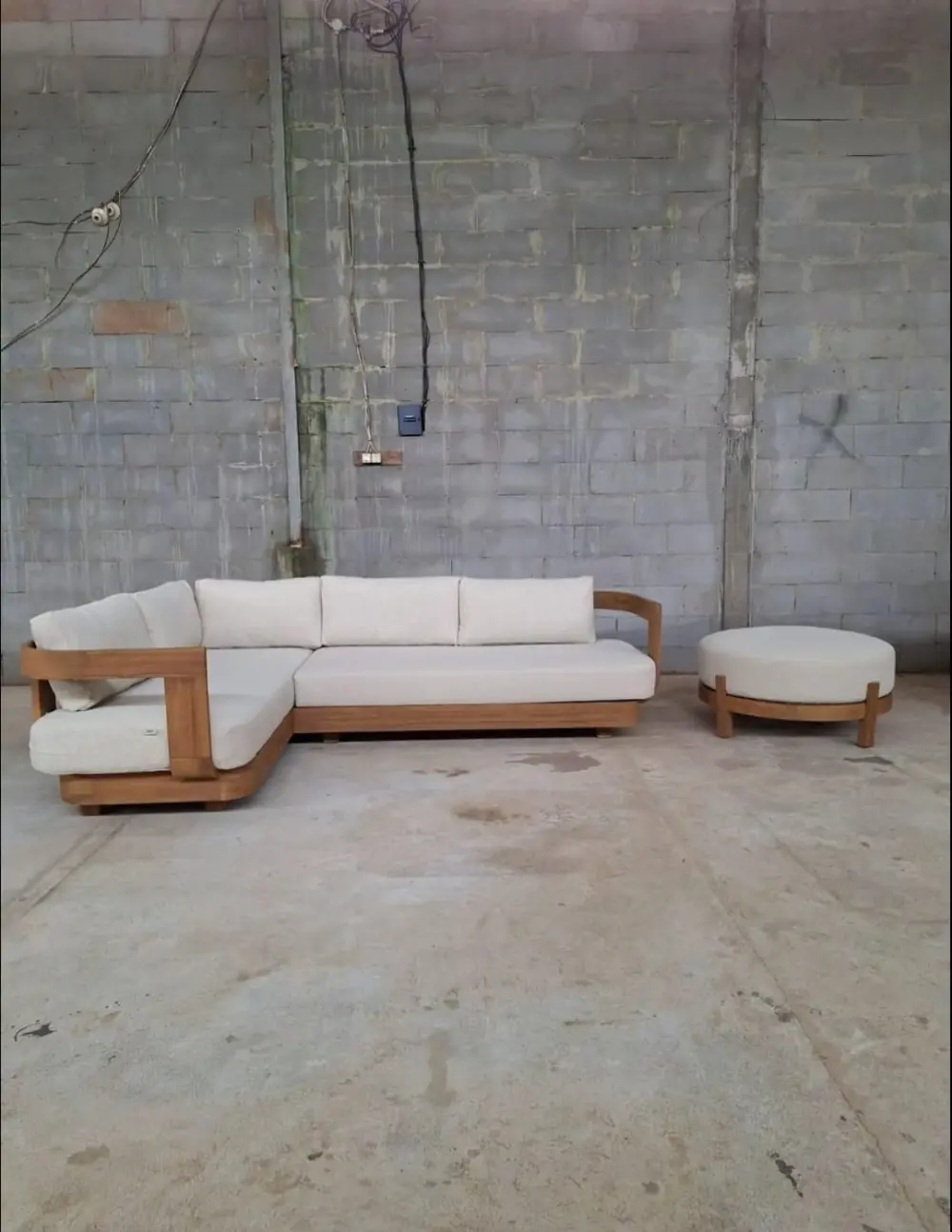 Sofa Sudut Minimalis L Kayu Jati Solid + Ottoman Puff – Sofa L Scandinavian Modern Ruang Tamu Premium