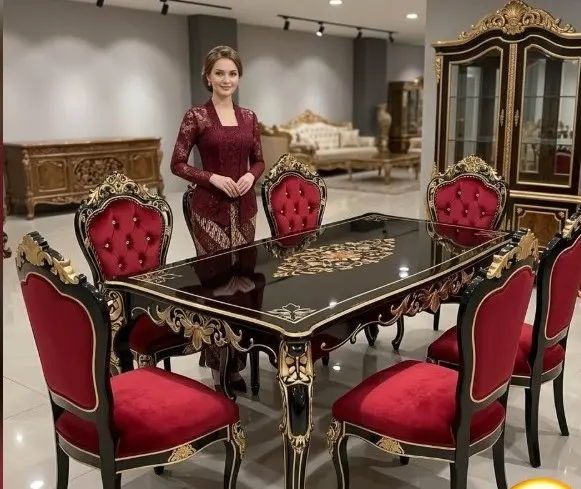 Meja Kursi Makan Mewah Klasik Elegan – Set 6 Kursi
