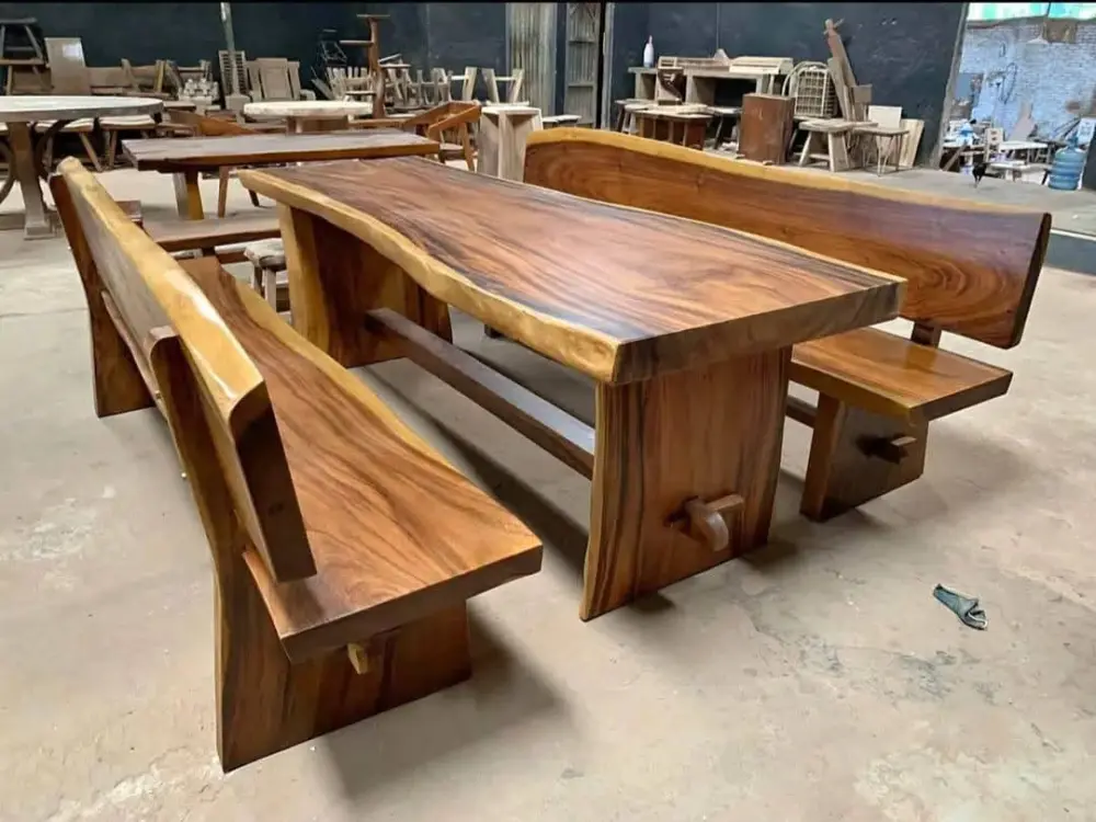 MEJA MAKAN / MEJA KONSUL KAYU TREMBESI SOLID 3 METER + 2 BANGKU – NATURAL MEWAH & SUPER KOKOH