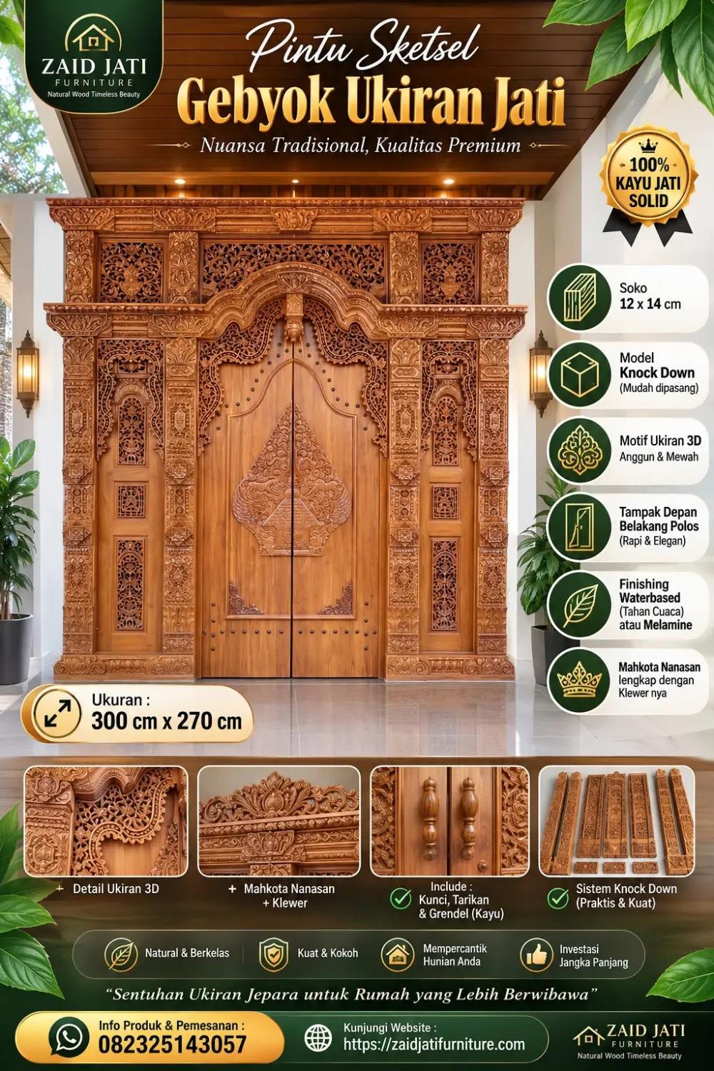 Pintu Sketsel Jati Ukiran Gebyok 300 × 270 cm – Zaid Jati Furniture